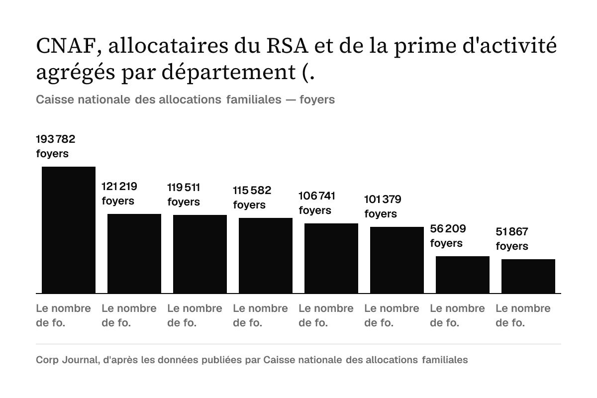 Graphique en barres : Le nombre de fo., 193 782 foyers ; Le nombre de fo., 121 219 foyers ; Le nombre de fo., 119 511 foyers ; Le nombre de fo., 115 582 foyers ; Le nombre de fo., 106 741 foyers ; Le nombre de fo., 101 379 foyers ; Le nombre de fo., 56 209 foyers ; Le nombre de fo., 51 867 foyers. Source Caisse nationale des allocations familiales.