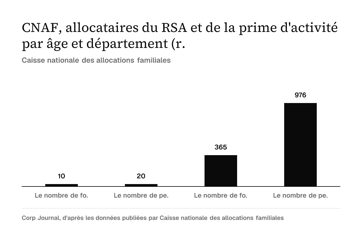 Graphique en barres : Le nombre de fo., 10 ; Le nombre de pe., 20 ; Le nombre de fo., 365 ; Le nombre de pe., 976. Source Caisse nationale des allocations familiales.